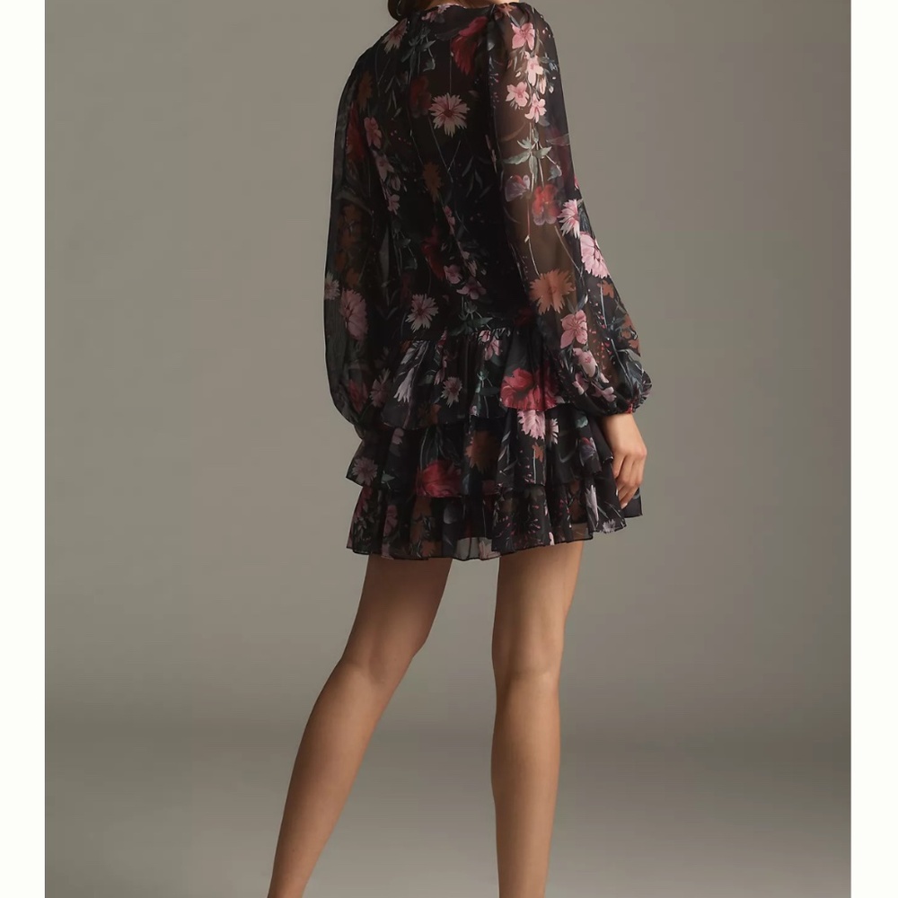 Mac Duggal Long-Sleeve Ruffled Chiffon Mini Dress - Picture 3 of 5